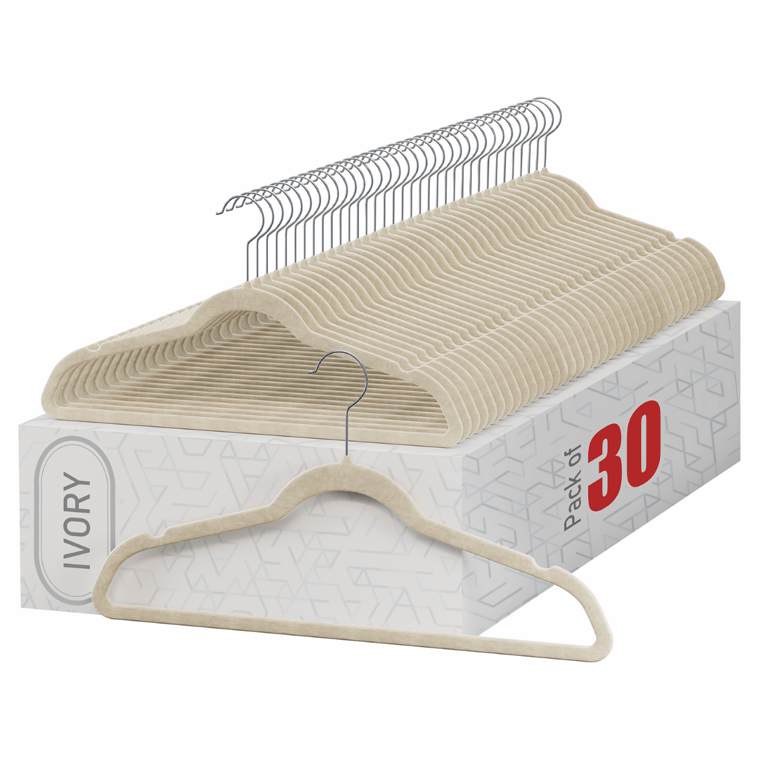 Premium Velvet Hangers 30 Pack - Ivory Suit Hangers Non Slip - Heavy Duty Clothes Hangers for Closet, Jacket, Shirt, Pants and Suit, Hook Swivel 360 - Ultra Thin