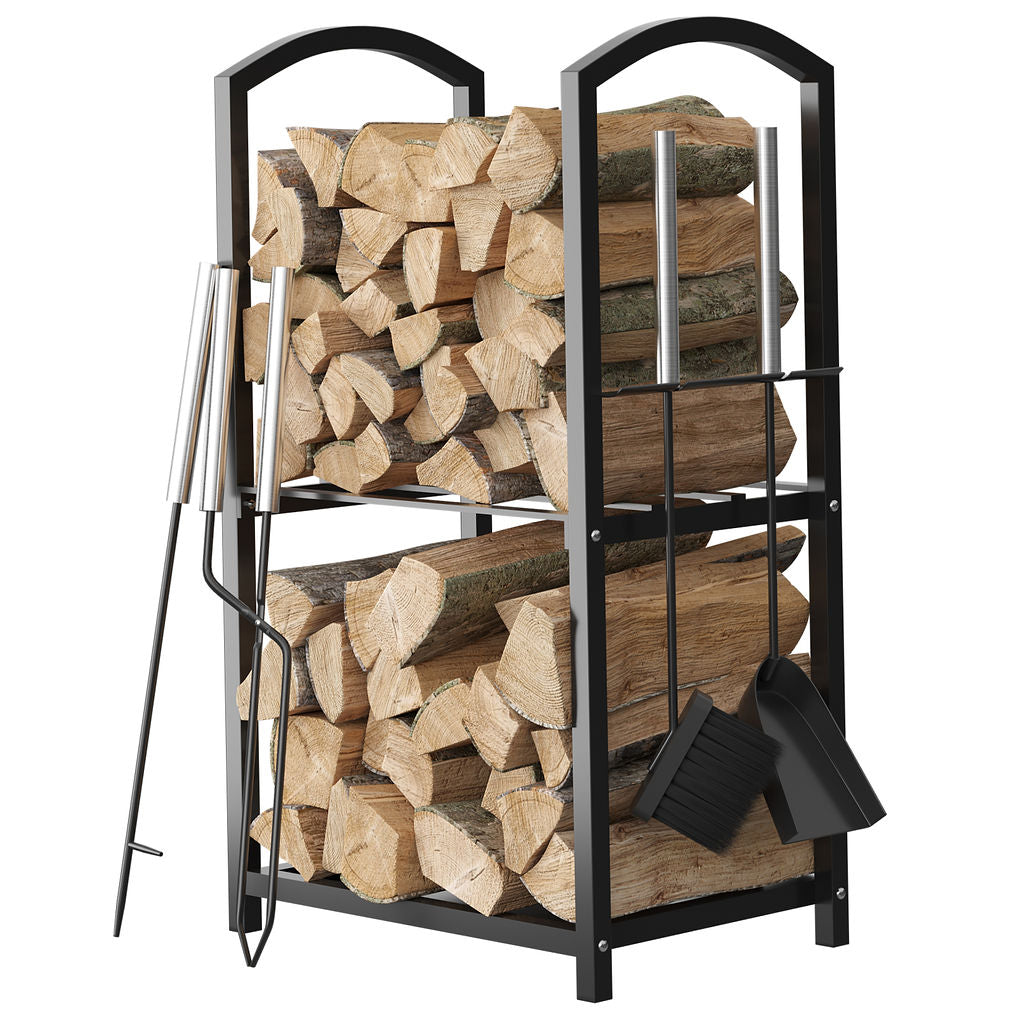 Home it Firewood Rack 2 Tier Outdoor Firewood Holder 4 Hanging Hooks For Fireplace Tools Set Poker Tongs Waterproof Rust Proof Steel Pipe Log