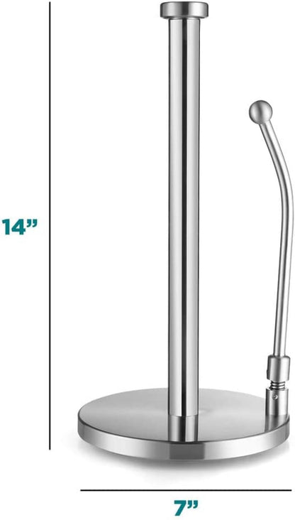 Stainless Steel Paper Towel Holder - Standing Paper Towel Dispenser with Adjustable Spring Arm & Weighted Base for Kitchen, Bathroom, Bedroom - Fits Standard, Large, Jumbo Size Paper Towel Roll