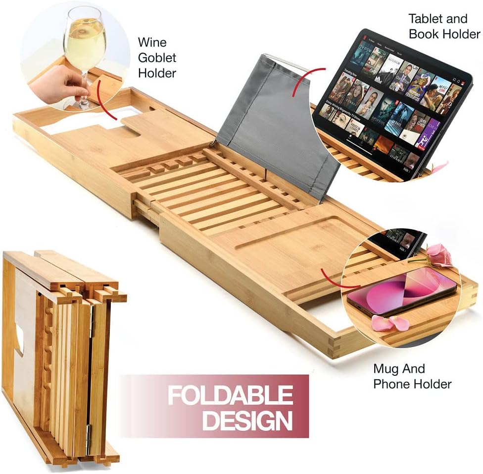 Luxury Bathtub Tray Caddy - Foldable Waterproof Bath Tray & Bath Caddy - Wooden Tub Organizer & Holder for Wine, Book, Soap, Phone Luxury Gift For Men & Women - Expandable Size, Fits Most Tubs Home It