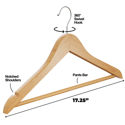 Wooden Hangers 30 Pack - Natural Wood Durable Heavy Duty Coat Hangers Non Slip for Jacket, Shirt, Pants and Suit - Premium Solid Clothes Hangers for Closet with Chrome Swivel Hook