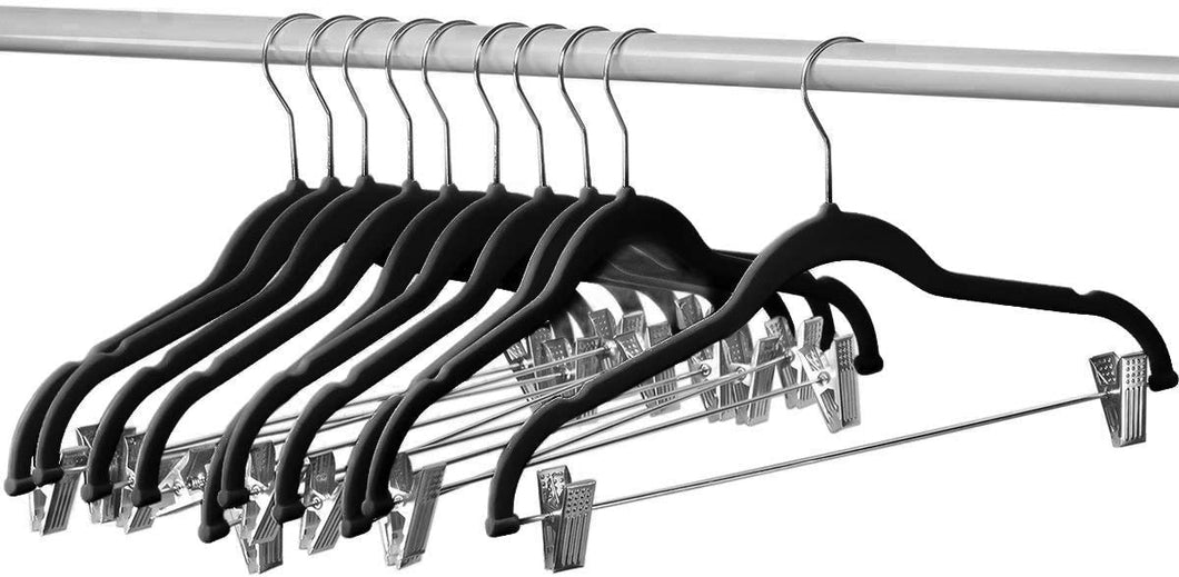 Home-it 10 Pack Skirt Hangers with Clips Black Velvet Hangers Use for Skirt Clothes Hangers - Felt Pants Hangers Ultra Thin Non Slip