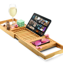 Load image into Gallery viewer, Luxury Bathtub Tray Caddy - Foldable Waterproof Bath Tray &amp; Bath Caddy - Wooden Tub Organizer &amp; Holder for Wine, Book, Soap, Phone Luxury Gift For Men &amp; Women - Expandable Size, Fits Most Tubs Home It
