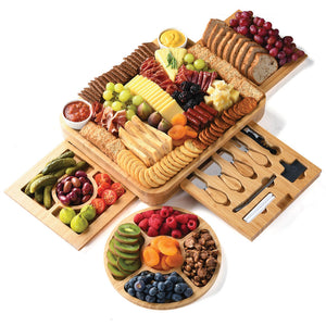 Bamboo Cheese and Meat Board - Simple Charcuterie Board with Serving Utensils, Cutlery, Trays, Ceramic Bowls - Charcuterie Boards for Wine Night, Parties - Holiday Gift & Housewarming Gifts - Home It