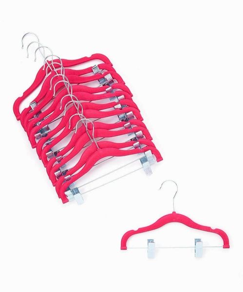 HOME-IT 12 PACK BABY HANGERS WITH CLIPS PINK BABY CLOTHES HANGERS VELVET HANGERS USE FOR SKIRT HANGERS CLOTHES HANGER PANTS HANGERS ULTRA THIN NO SLIP KIDS HANGERS