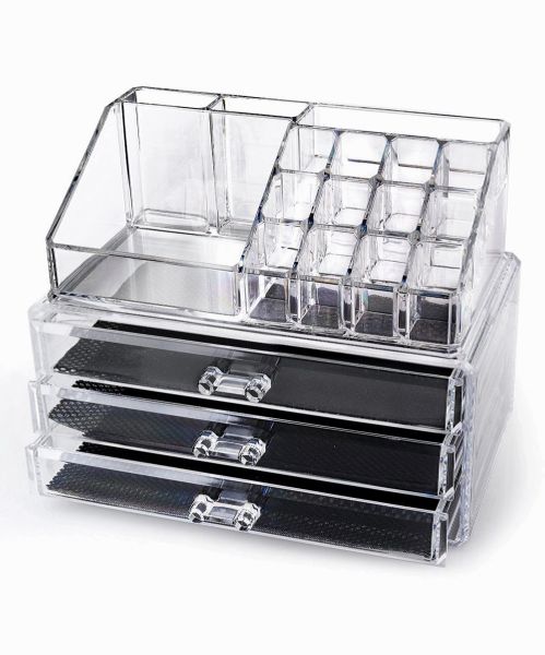 Home-it Clear Acrylic Cosmetic Holder Large 3 Drawer Jewerly Chest or Make up Case with a round Lipstick Liner Brush Holder Organizer