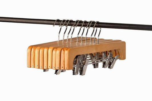 WOODEN PANTS HANGERS W/METAL CLIPS NATURAL SET OF 10