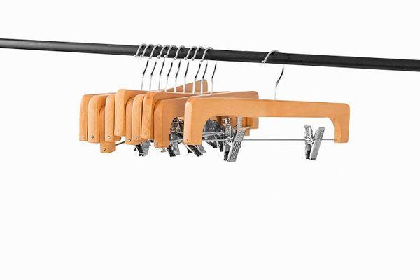 WOODEN PANTS HANGERS W/METAL CLIPS NATURAL SET OF 10