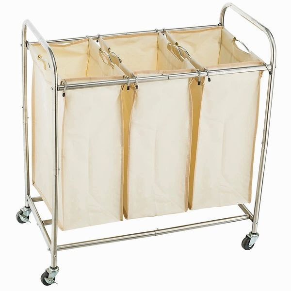 Home-it laundry hamper with wheels rolling laundry cart Heavy duty Triple Laundry Sorter, Chrome/white laundry organizer