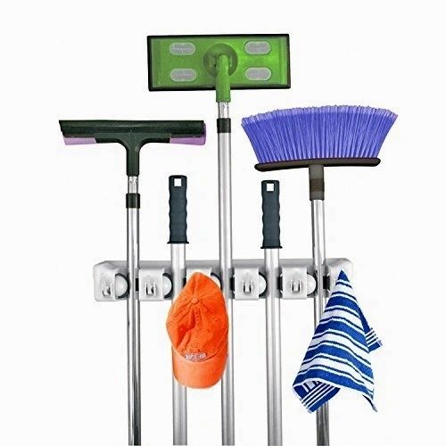 HOME IT Mop And Broom Holder - Garage Storage Systems with 5 Slots, 6 Hooks, 7.5lbs Capacity Per Slot - Garden Tool Organizer For 11 Tools - For Home, Kitchen, Closet, Garage, Laundry Room - Off-White