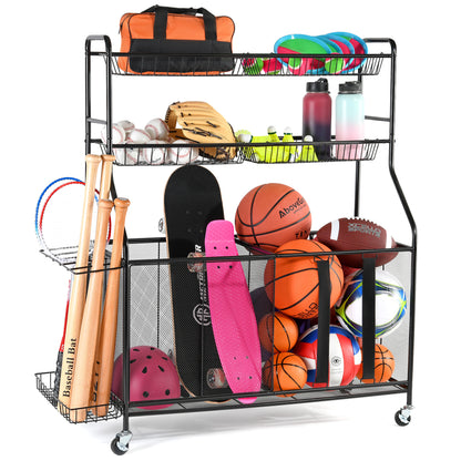 Home-it Ball Rack for Garage - Indoor & Outdoor Garage Ball Organizer Holder with Baskets, Rolling Wheels & Breaks - Large Capacity Garage Sports Equipment Organizer - Heavy Duty Steel Storage Cart