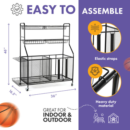 Home-it Ball Rack for Garage - Indoor & Outdoor Garage Ball Organizer Holder with Baskets, Rolling Wheels & Breaks - Large Capacity Garage Sports Equipment Organizer - Heavy Duty Steel Storage Cart